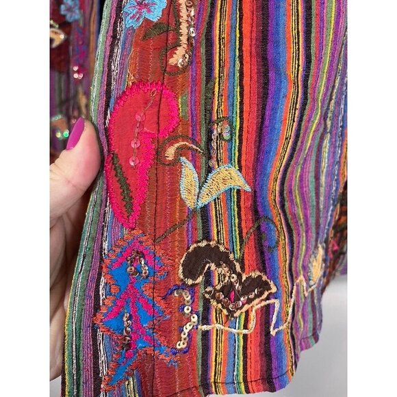 Chicos Silk Floral Jacket L Red Striped Beaded Artsy Boho Sequin Embroidery Chic - Picture 4 of 16